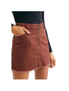 Angel Kiss Terracotta Denim Mini Skirt Size L Large Zip front Pockets Cotton